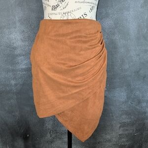 Rust Brown Faux Suede Asymmetric Wrap Skirt